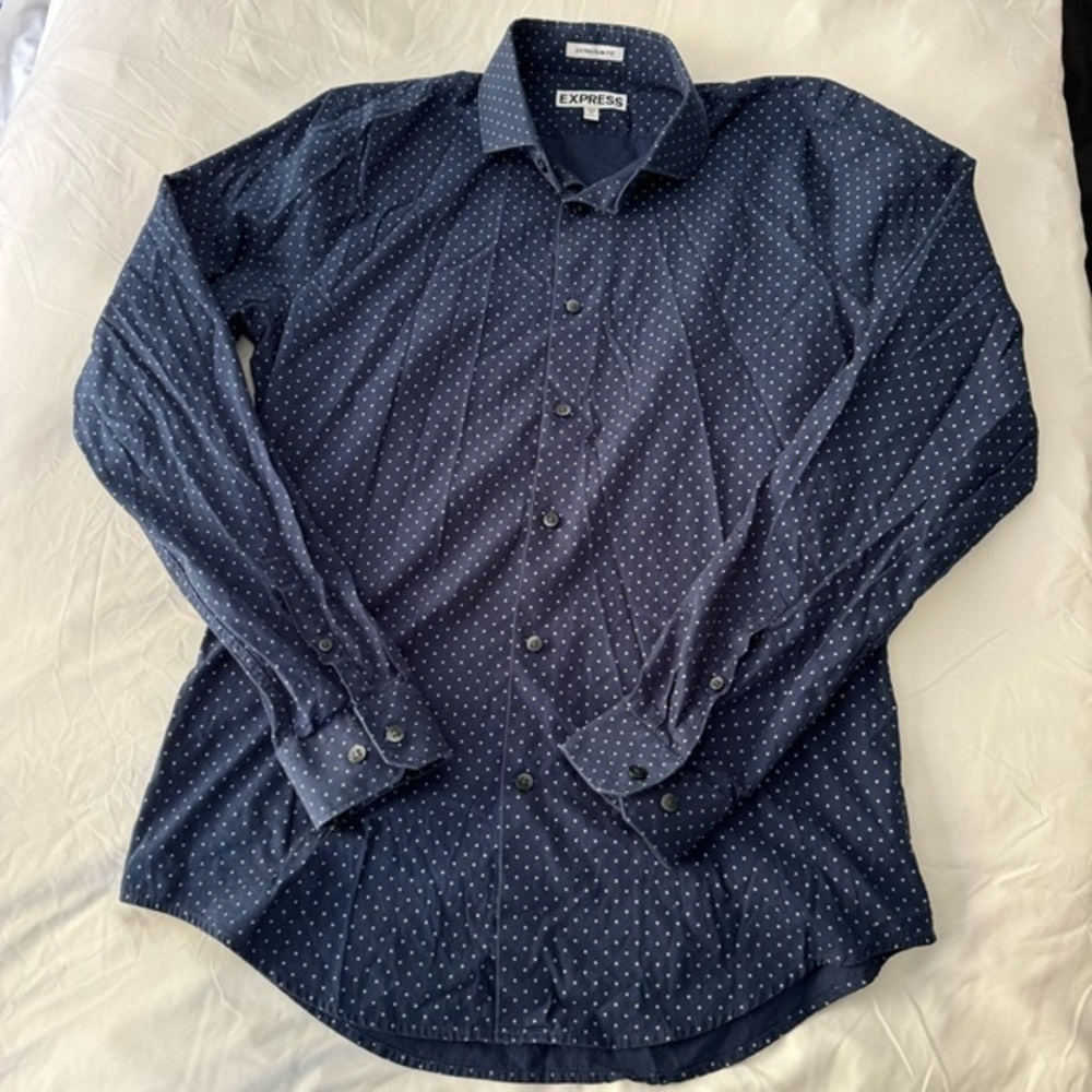 Men’s Express Extra Slim Dots Dress Shirt, Navy Blue